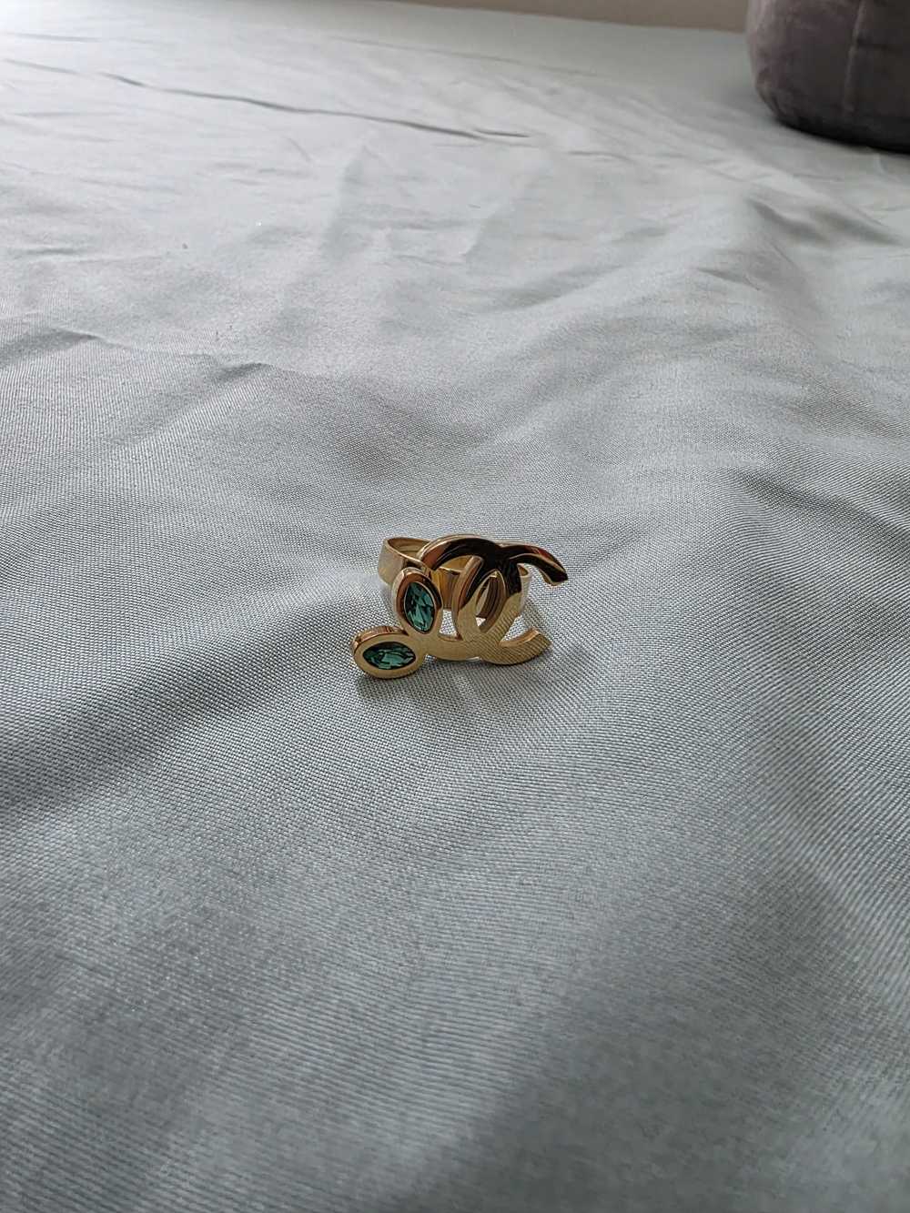 Gold-Tone Women's Ring with Green Crystal Accents